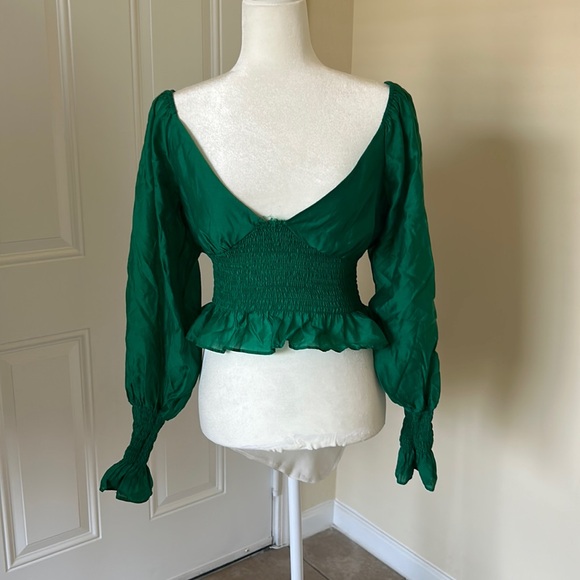 Medium M Emerald Green WAYF Blouse Top Cinched Waist Peplum - Picture 1 of 4